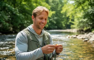 Best Fishing Vest: Tested for Skill & Sustainable Angling A man in his early 30s wearing a fishing vest stands in a river and adjusts his gear, smiling confidently.