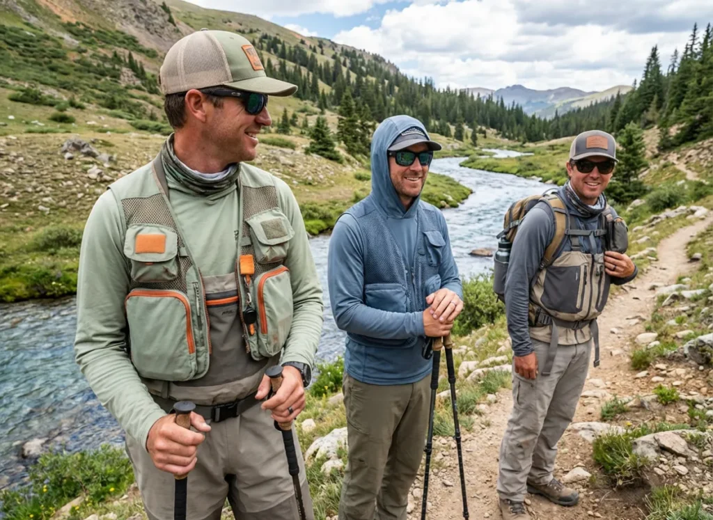 Three anglers hiking a mountain trail wearing different styles of fishing vests suited for different needs.