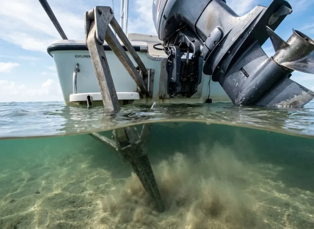 Split-level underwater view of a shallow water anchor spike firmly driven into the lake bottom.