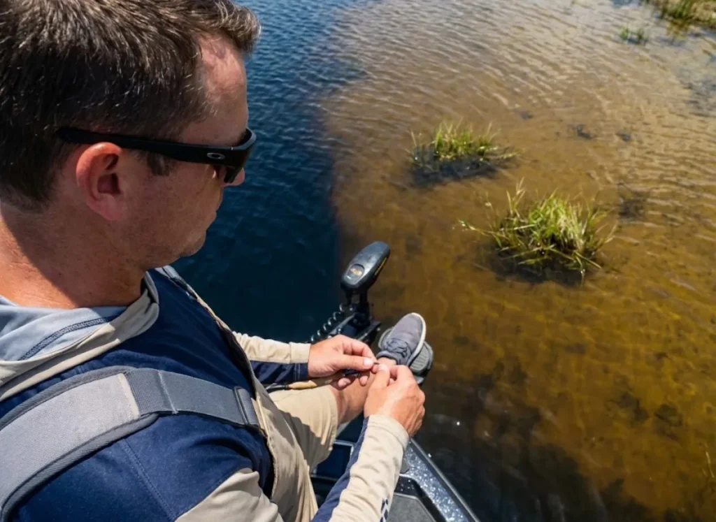 Angler looking at water depth transition from deep to shallow grass flats, deciding between trolling motor and anchor.