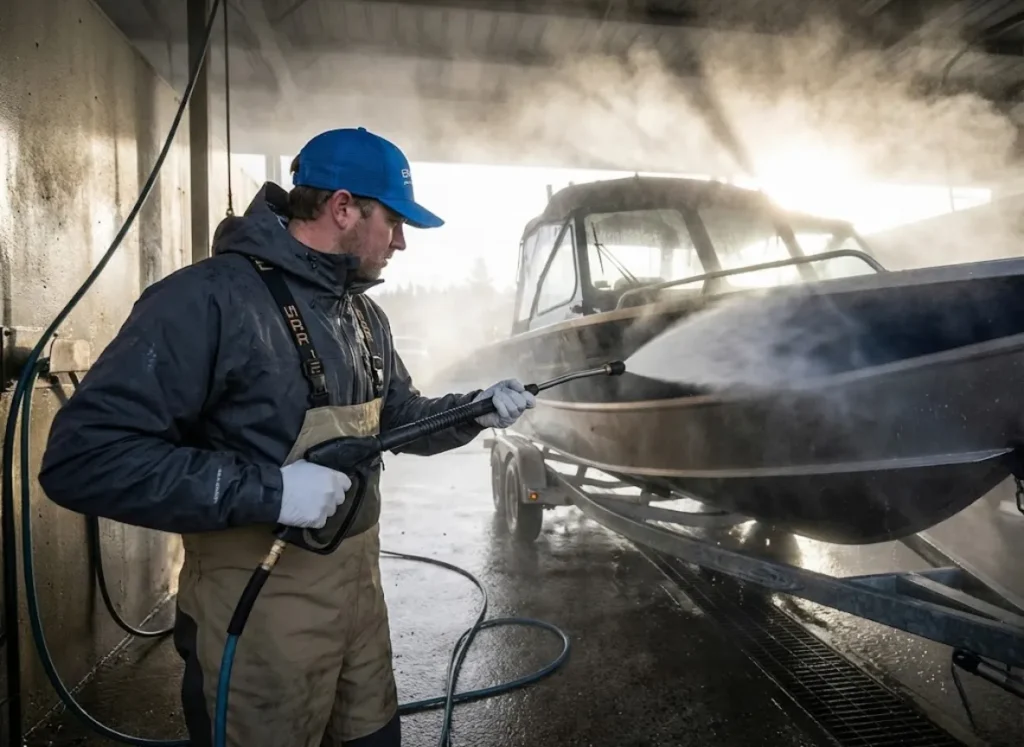 An angler using a high-pressure sprayer to decontaminate a fishing boat hull at a wash station.