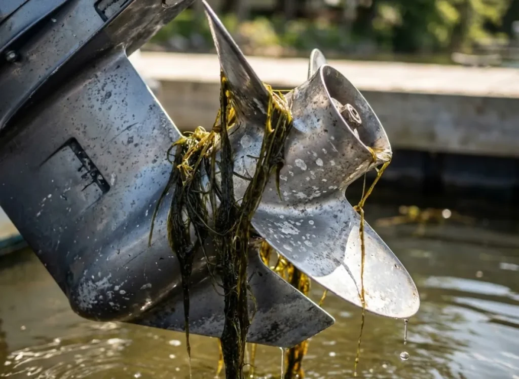 An outboard boat motor propeller lifted from the water, covered in thick invasive aquatic weeds.
