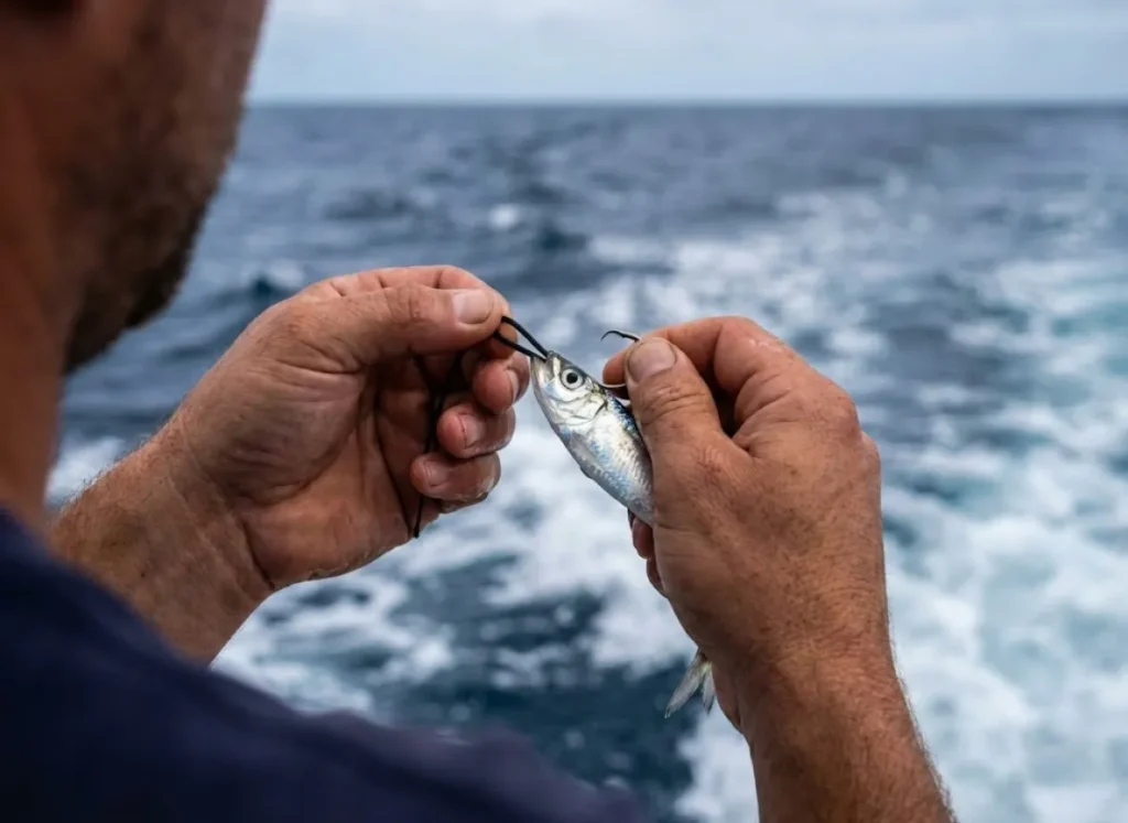Close up of a live bait fish rigged with a bridle and circle hook for marlin fishing.