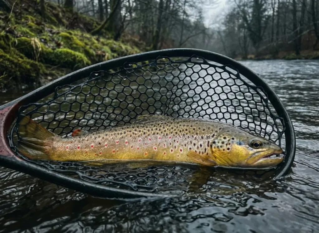 A large Brown Trout resting in a landing net in the water, highlighting the sport fish versus invader dilemma.