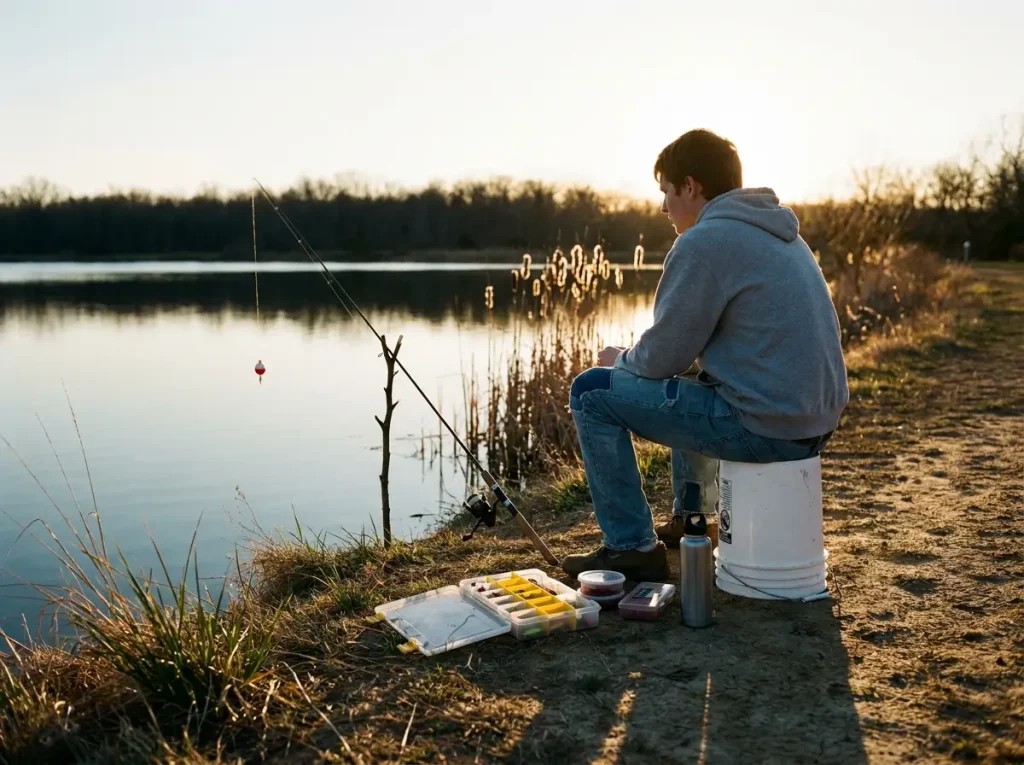 Bank angler fishing on a budget at sunset with an open Plano tackle box nearby