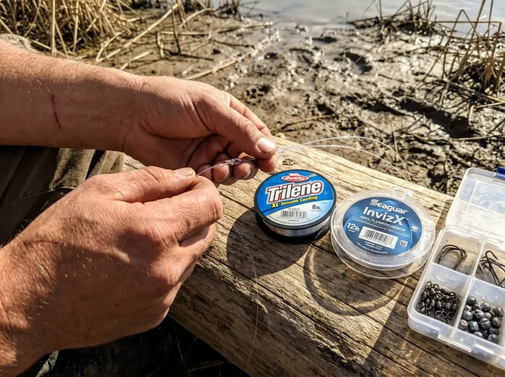 Budget fishing lures in a tackle tray with a hand picking a squarebill crankbait