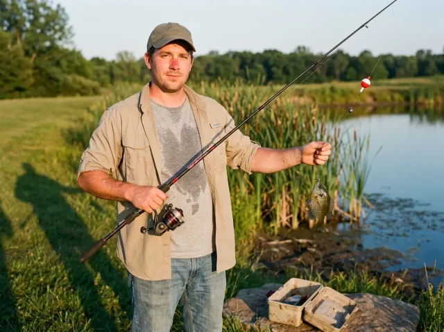 budget-fishing-gear-combo-pond-bank Angler holding a budget fishing gear combo on a pond bank in late afternoon light