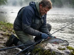 Best Budget Fishing Gear: Complete Kits Under $100 Angler kneeling on a riverbank with a fish, a durable budget spinning rod resting against a rock in the foreground.
