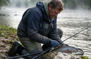 Best Budget Fishing Gear: Complete Kits Under $100 Angler kneeling on a riverbank with a fish, a durable budget spinning rod resting against a rock in the foreground.