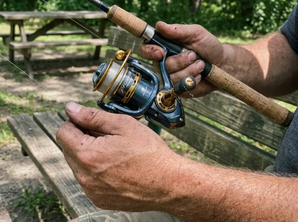 Hands testing the drag on a budget spinning reel to read its smoothness