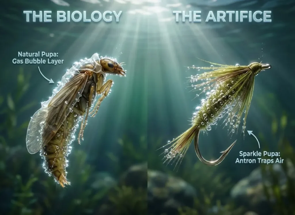 A split-screen macro comparison showing a natural caddisfly pupa ascending underwater with glowing gas bubbles on the left, and a LaFontaine Sparkle Pupa fishing fly mimicking the effect with trapped air in Antron yarn on the right.