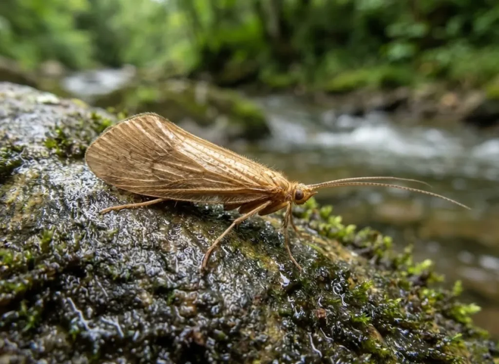 Close-up of an adult caddisfly with tent-shaped wings resting on a wet river rock.