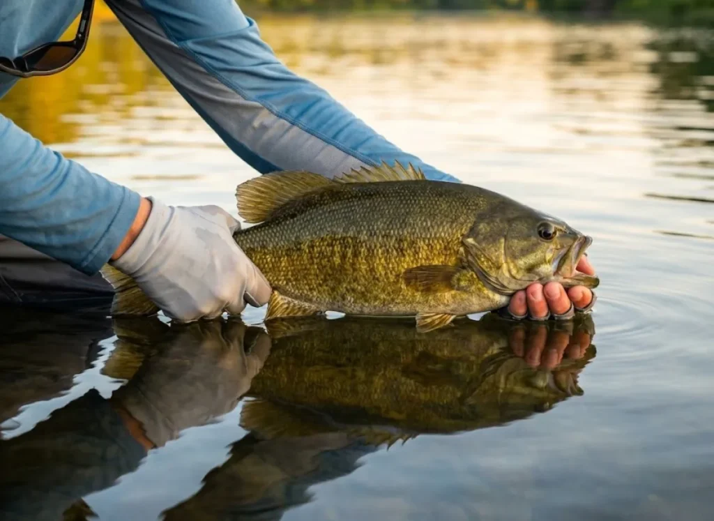 Angler practicing proper catch and release by supporting a smallmouth bass in the water.