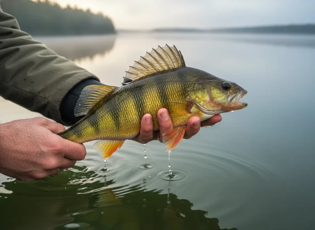 Angler's hands gently releasing a large yellow perch back into the water.