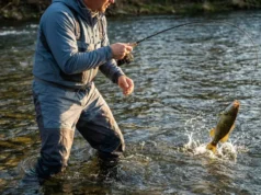 How to Catch Smallmouth Bass: The Ultimate Field Guide An angler standing in a rocky river fighting a leaping smallmouth bass with a bent spinning rod.