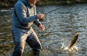 How to Catch Smallmouth Bass: The Ultimate Field Guide An angler standing in a rocky river fighting a leaping smallmouth bass with a bent spinning rod.