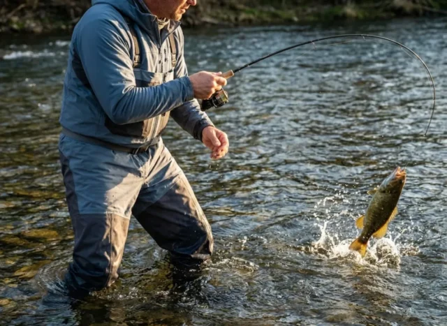 catching-smallmouth-bass-river-action An angler standing in a rocky river fighting a leaping smallmouth bass with a bent spinning rod.