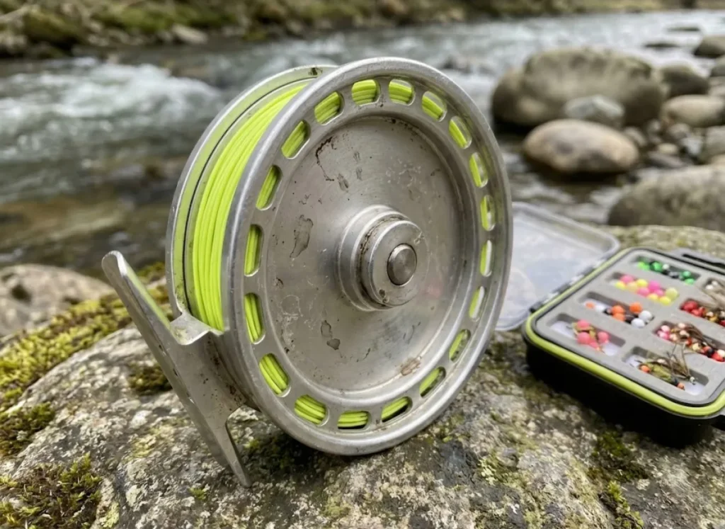A close-up of a centerpin fishing reel and a box of tackle resting on a rock by the river.