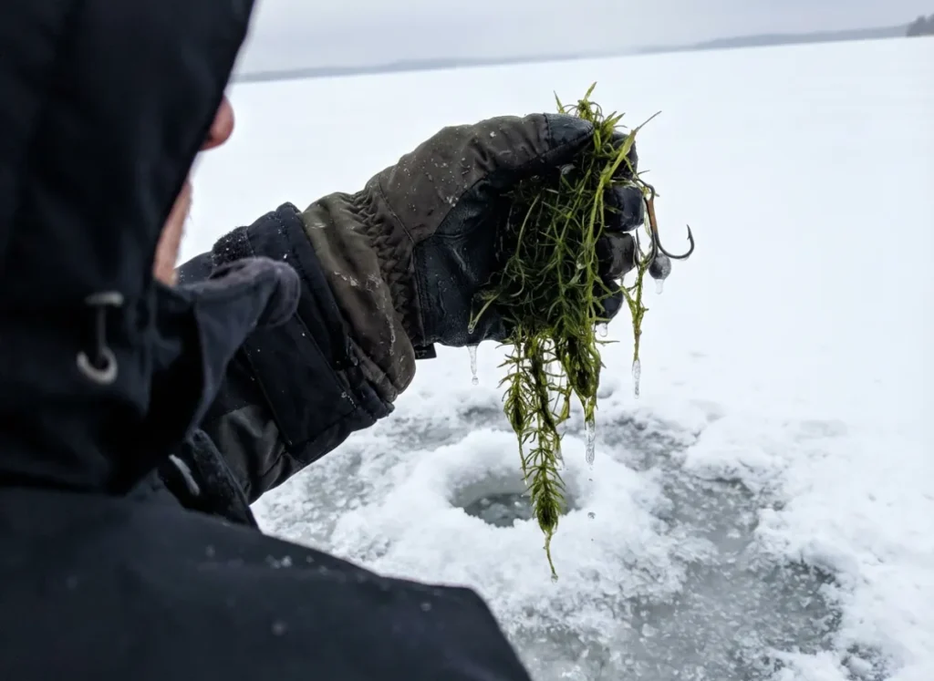 An angler holding a sample of bright green aquatic weeds pulled from an ice fishing hole to check for oxygen.