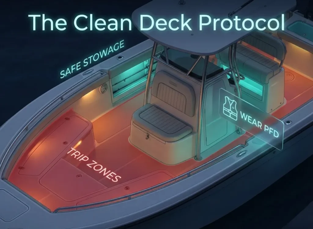 A high-definition isometric infographic of a fishing boat deck at night, visually distinguishing between dangerous 'Trip Zones' in red and 'Safe Stowage' areas in teal, featuring a holographic 'Wear PFD' reminder, rendered in a premium 3D vector style.
