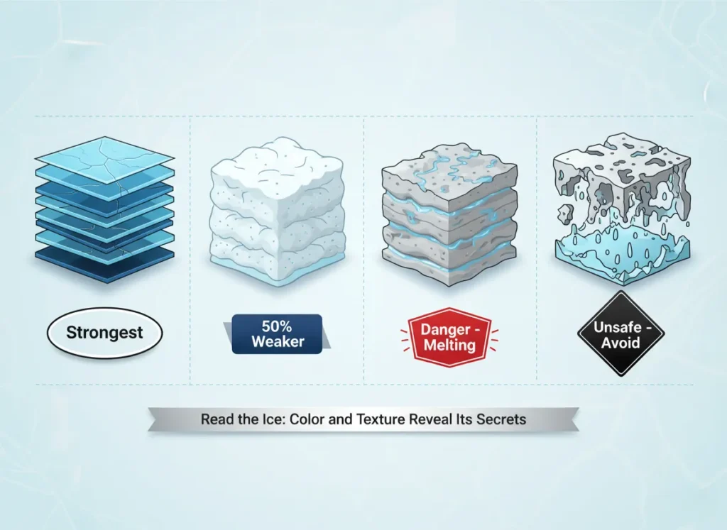 A vibrant four-panel infographic illustrating ice safety types in a modern explainer cartoon style: clear blue ice as strongest, white snow ice as 50% weaker, gray ice as melting danger, and slushy rotten ice as unsafe to avoid, with dynamic icy visuals and elegant text labels.