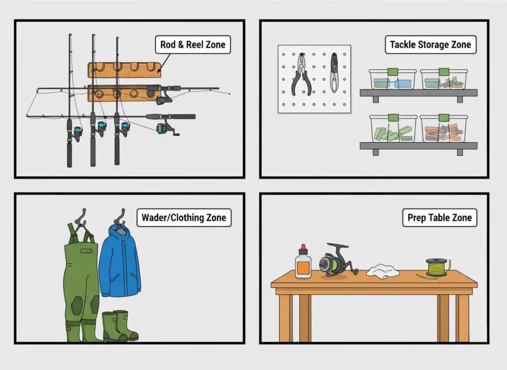 An infographic diagram illustrating the four zones of a complete fishing station. The zones are: Rod & Reel Zone with a rack, Tackle Storage Zone with shelves and a pegboard, Wader/Clothing Zone with drying hooks, and a Prep Table Zone for maintenance.