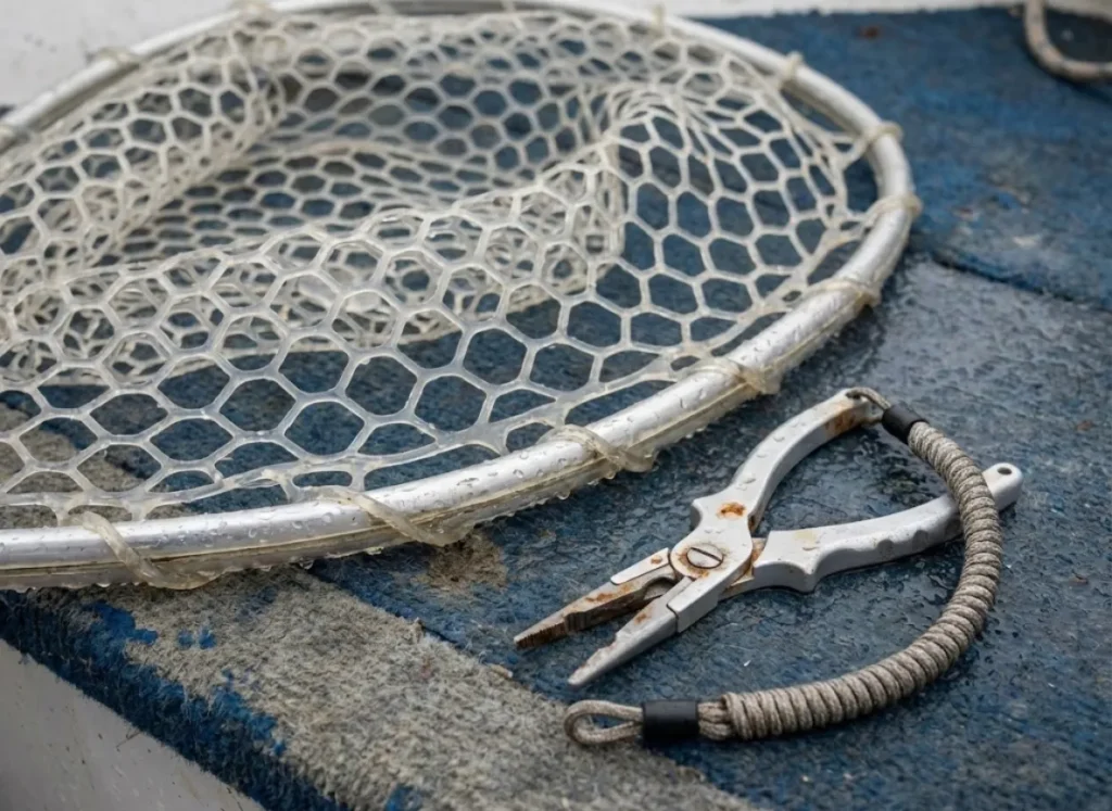 Close-up of a wet rubber landing net and fishing pliers resting on a boat deck.