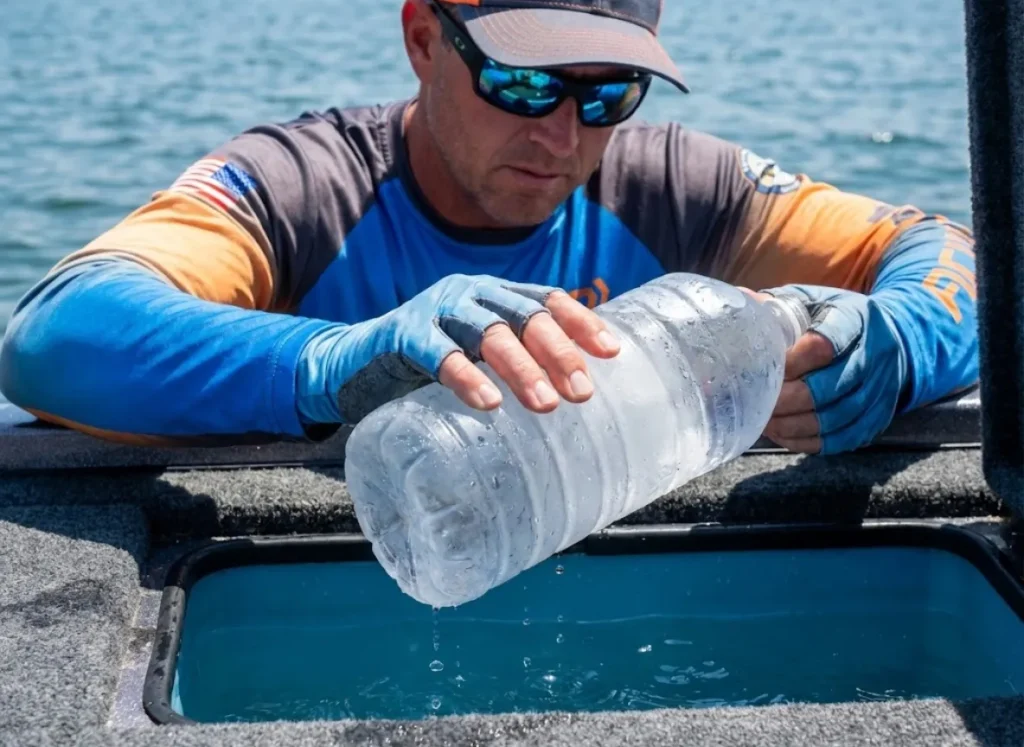 Angler adding a frozen water bottle and blue water treatment to a boat livewell.