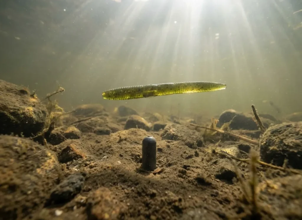 Underwater view of a drop shot rig showing the weight on the bottom and the lure suspended above.