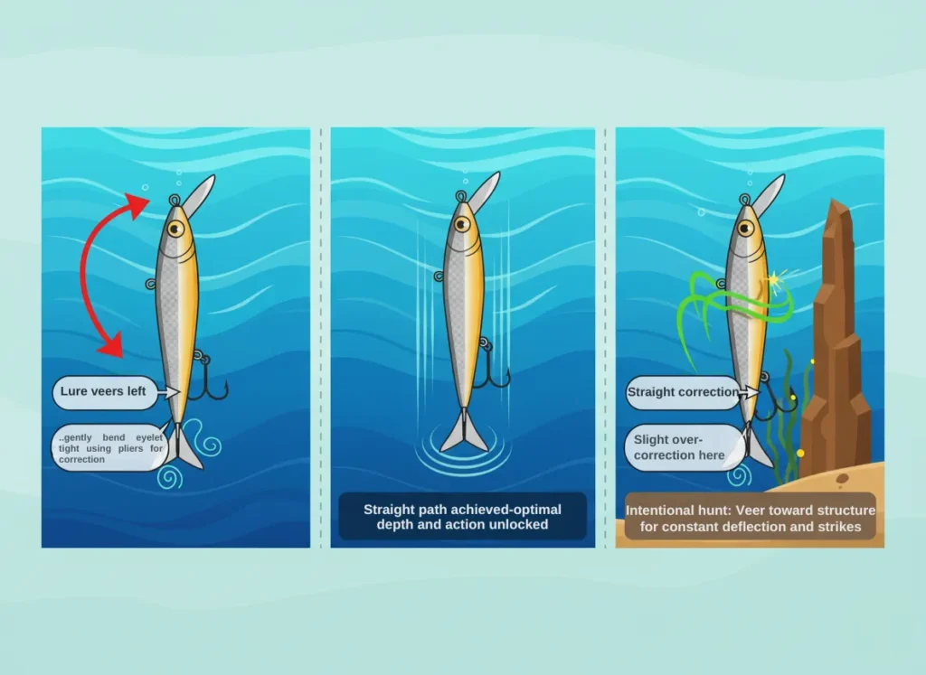 A three-panel infographic illustrating the step-by-step process of tuning a crankbait lure to run straight or hunt structure, featuring top-down views in a dynamic vector style with watery blues and metallic accents.