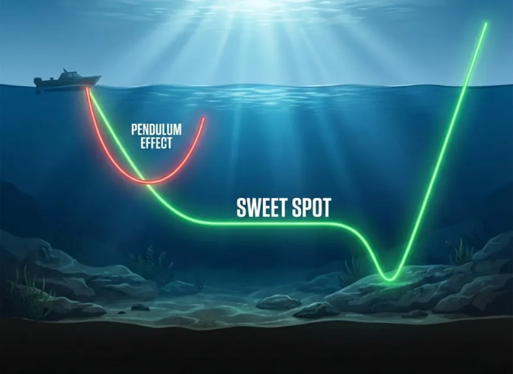 A split-view cross-section illustration of a lake, visualizing fishing lure trajectories. A long cast shows a deep, flat horizontal path along the bottom labeled 'Sweet Spot', while a short cast shows a shallow U-shaped path labeled 'Pendulum Effect'.