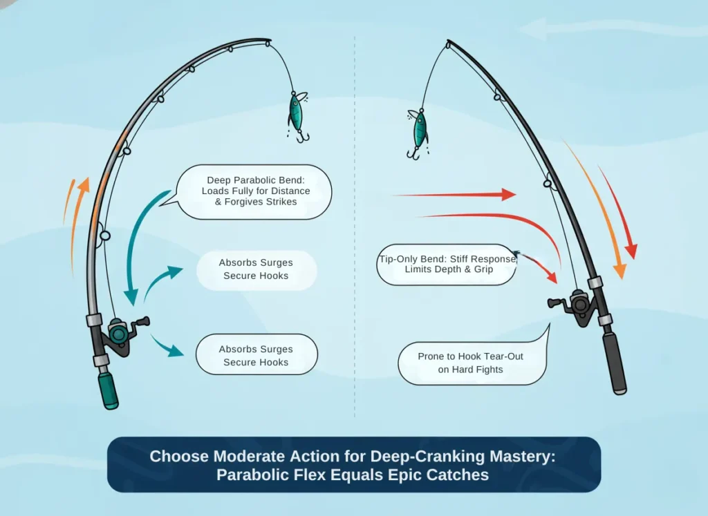Side-by-side infographic comparing moderate-action cranking rod with deep parabolic bend to fast-action rod with tip-only bend, illustrating optimal rod performance for deep-cranking techniques in a vibrant vector style.