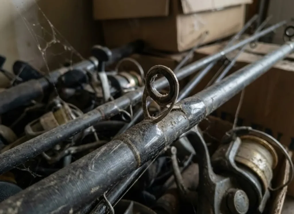 Close-up of fishing rod guides scratching against graphite blanks in a tangled pile of unsecured fishing gear.