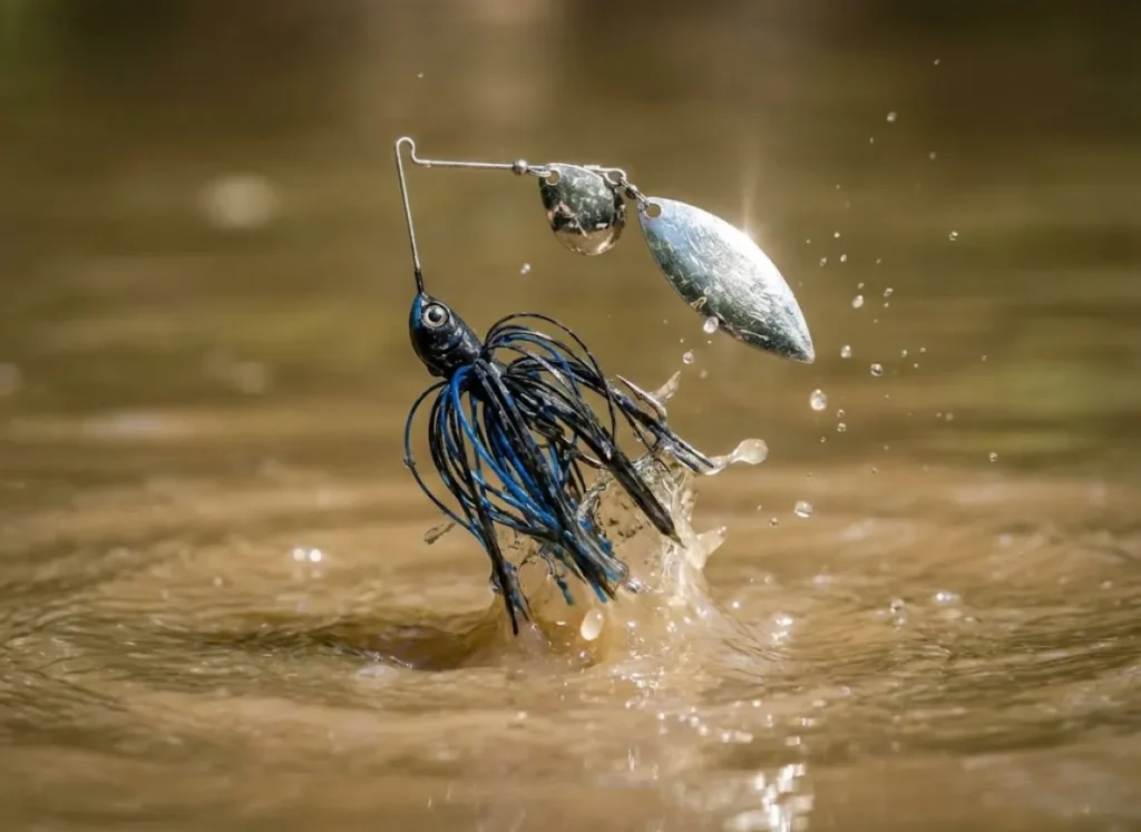 Close-up of a black and blue fishing lure splashing into muddy river water.