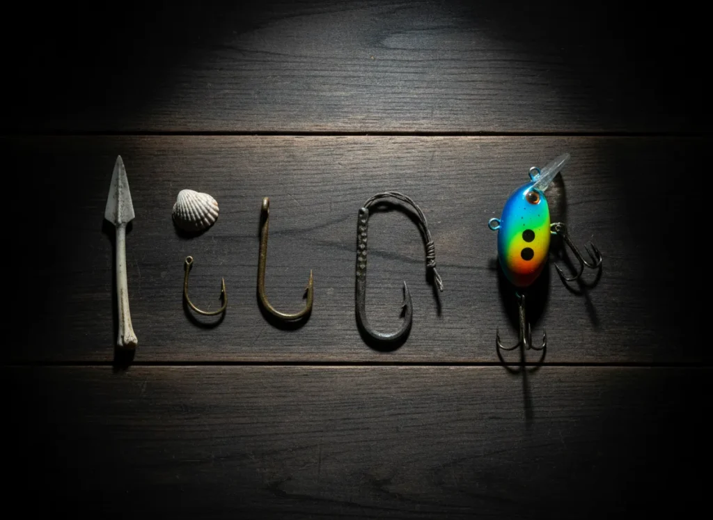A collection of historical fishing tools, from a primitive bone harpoon to a modern lure, arranged chronologically on a wooden background.