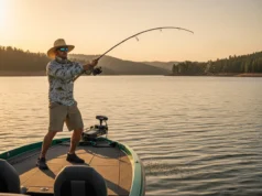 How to Fish Deep Diving Crankbaits: The Physics of Depth An angler making a long-distance cast with a heavy rod on a large lake during sunset.