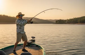 How to Fish Deep Diving Crankbaits: The Physics of Depth An angler making a long-distance cast with a heavy rod on a large lake during sunset.