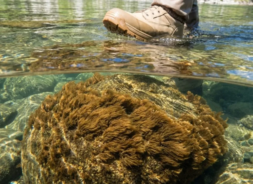 An underwater split shot showing river rocks covered in invasive Didymo algae with a wading boot stepping nearby.