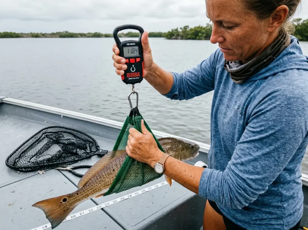 Angler weighing a fish in a wet sling on a digital scale over a boat gunwale to check legal size