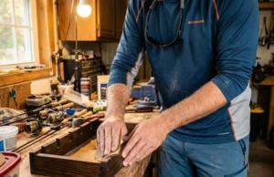 DIY Fishing Rod Rack: 3 Protective Plans (Wood & PVC) A dedicated angler sanding a wooden bracket for a DIY fishing rod rack in a home workshop filled with tools.
