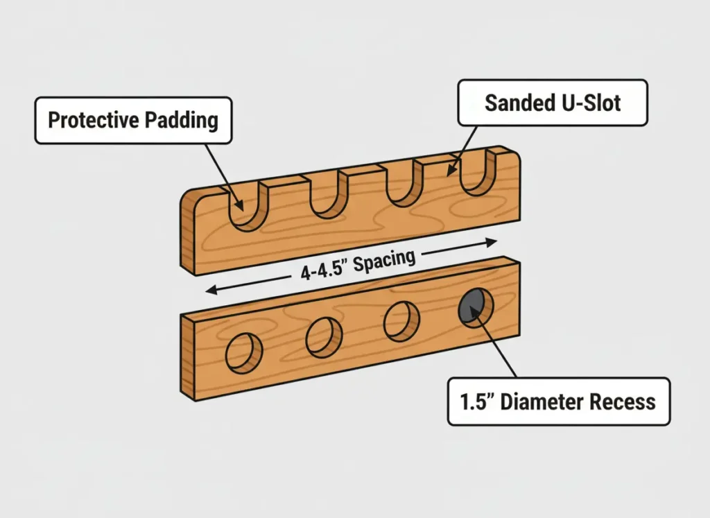 An infographic diagram showing the anatomy of a perfect wall-mounted fishing rod rack. It details the dimensions, including 1.5-inch diameter recesses for the rod butts, protective padding, sanded U-slots for the tips, and 4 to 4.5 inches of spacing between rods.