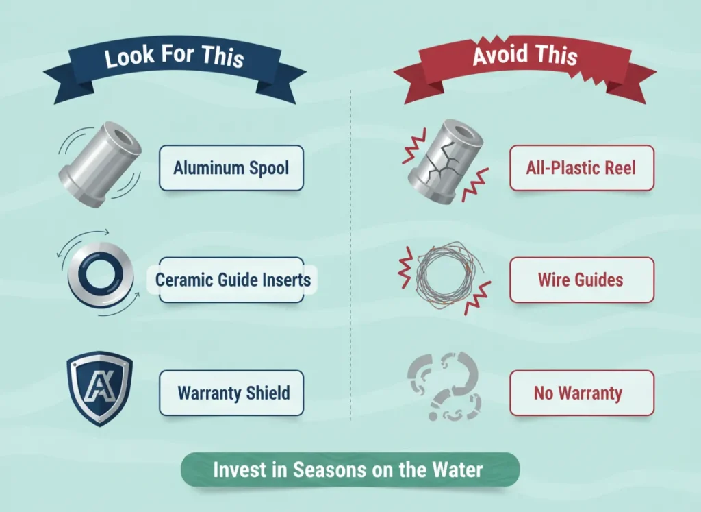A vibrant two-column infographic contrasting durable features to seek in budget fishing gear (aluminum spool, ceramic guide inserts, warranty shield) against pitfalls to avoid (all-plastic reel, wire guides, no warranty), in a modern explainer cartoon style with blue and green outdoor accents.