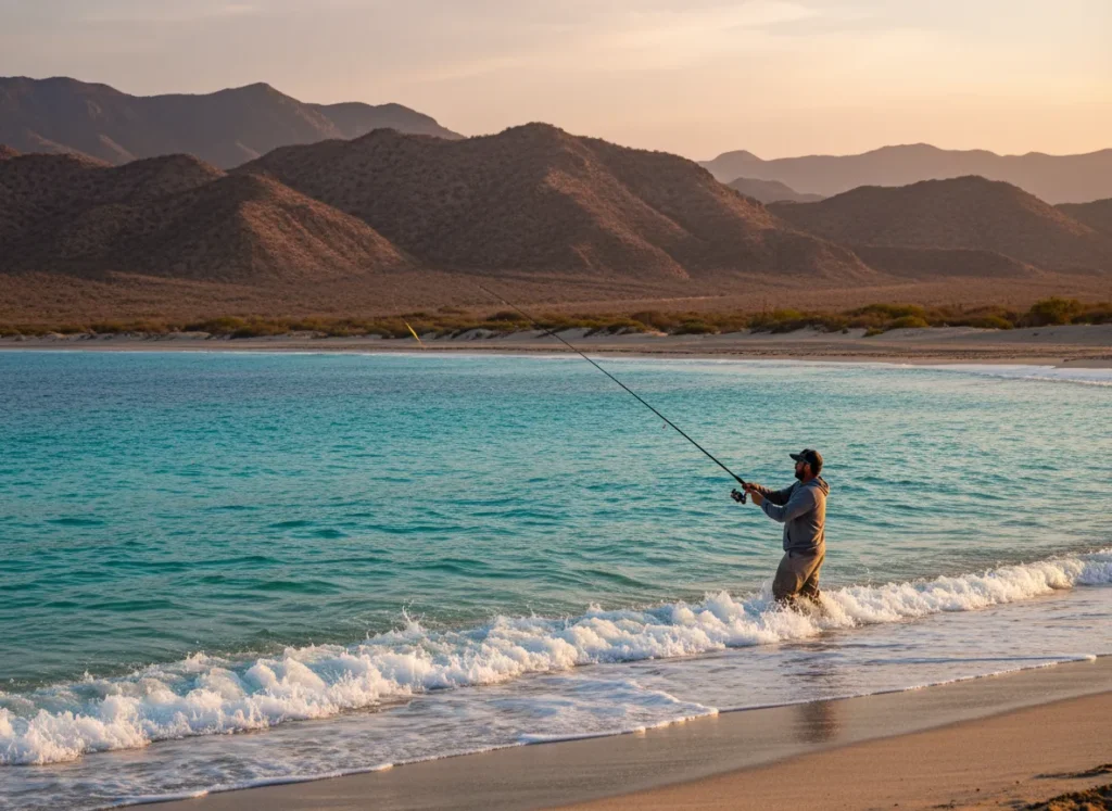 Fisherman wading in the turquoise surf of the East Cape with desert mountains in the background.