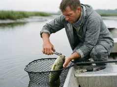 Best Fishing Tools That Won’t Rust Shut Angler using fishing pliers to unhook a bass in a rubber net, essential fishing tools on a boat gunwale