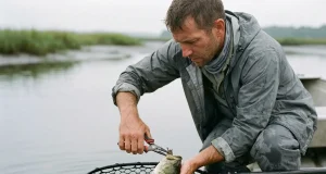 Best Fishing Tools That Won’t Rust Shut Angler using fishing pliers to unhook a bass in a rubber net, essential fishing tools on a boat gunwale