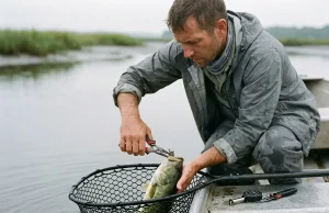 Best Fishing Tools That Won’t Rust Shut Angler using fishing pliers to unhook a bass in a rubber net, essential fishing tools on a boat gunwale
