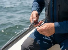 Essential Fishing Tools: Rigging, Handling & Repair Close-up of angler's hands using titanium pliers to rig fishing line on a boat.
