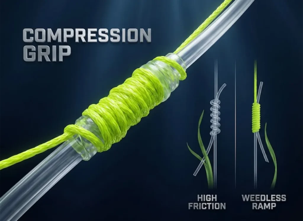 A stunning high-definition infographic illustrating the FG Fishing Knot. The main visual shows a macro view of braided line compressing a fluorocarbon leader. An inset comparison demonstrates the "Weedless Ramp" concept, showing the FG knot shedding vegetation while a Double Uni knot catches it.