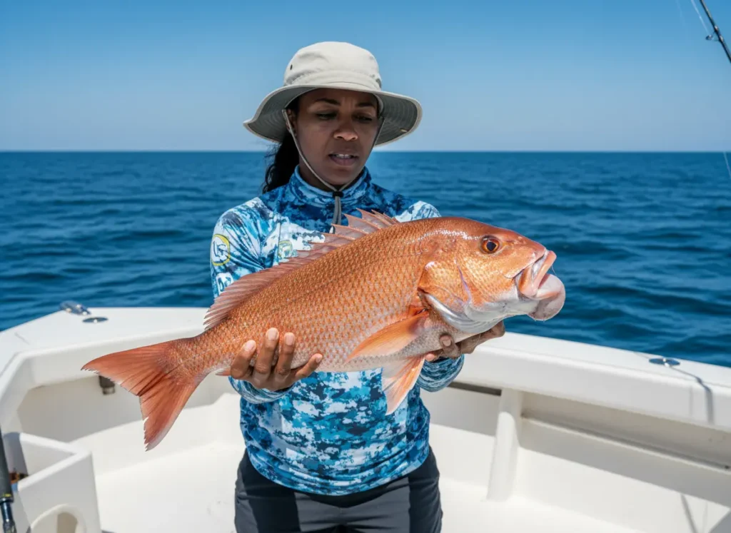 A female angler carefully examining a red snapper with visible signs of barotrauma on the deck of her boat.