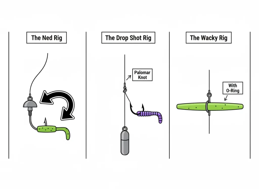 An infographic with three panels showing how to tie common finesse fishing rigs. The first panel shows the Ned Rig, the second shows the Drop Shot Rig with a Palomar knot, and the third shows the Wacky Rig.